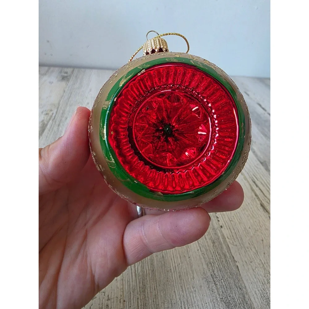 Vintage Kurt Adler red indent ball gold glitter ornament glass Xmas tree